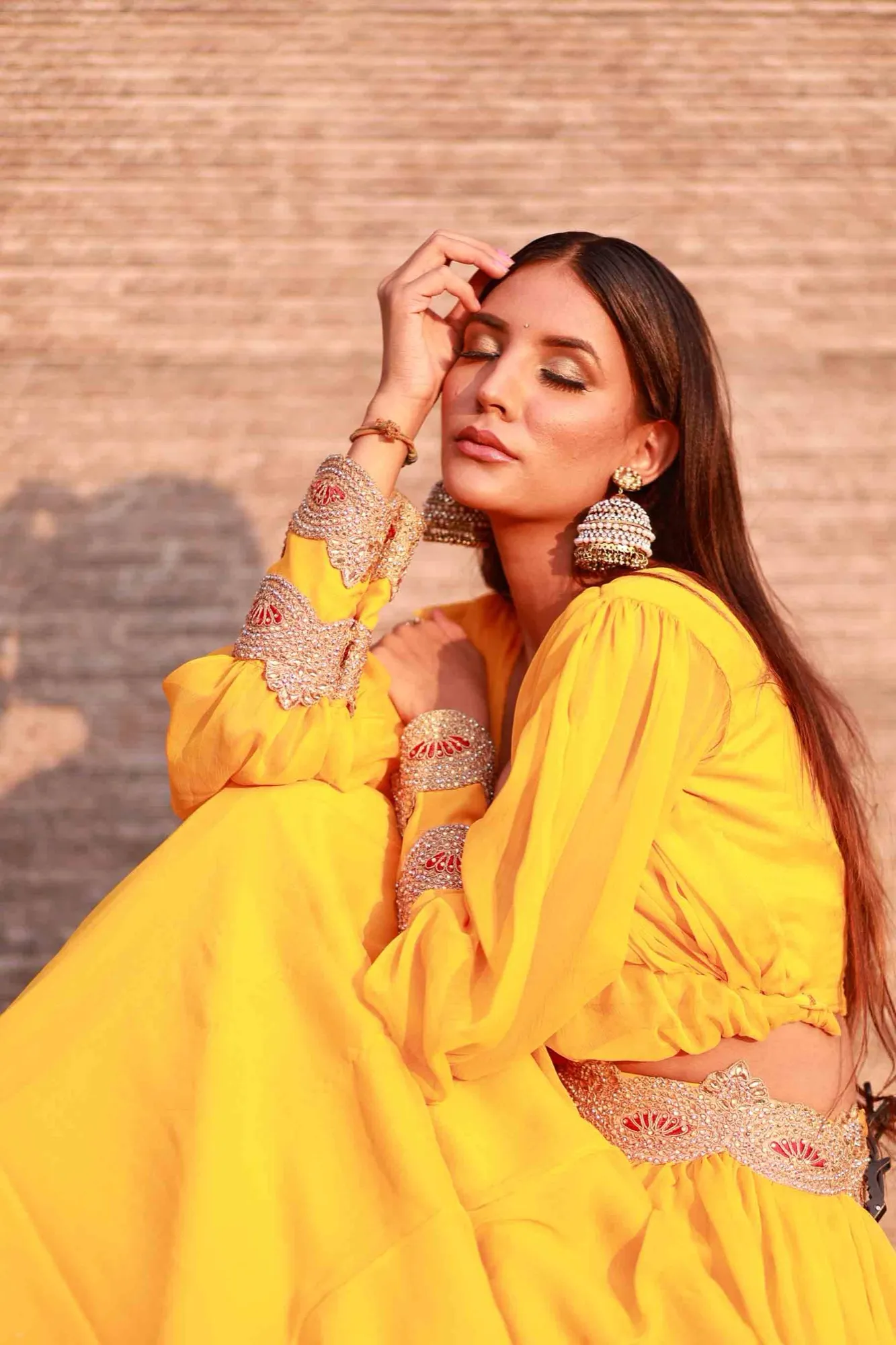 Embroidered cuff detail — marigold coord-set